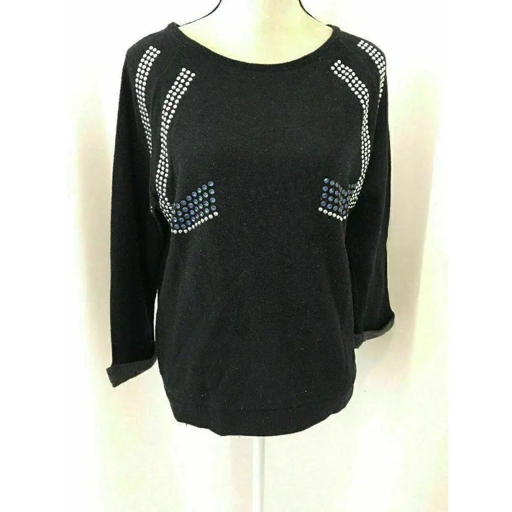 Zara WB Womens Black Blue Rhinestone Long Sleeve Sweater Top Medium